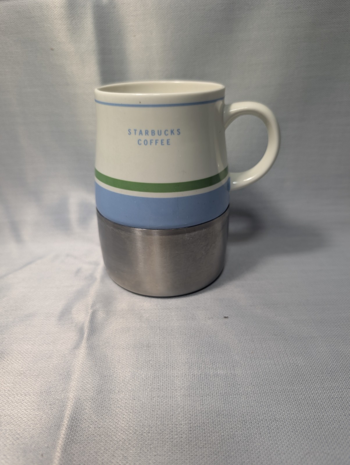 Starbucks 2005 Travel Desk Mug White Blue Green Stainless Steel Base Ceramic