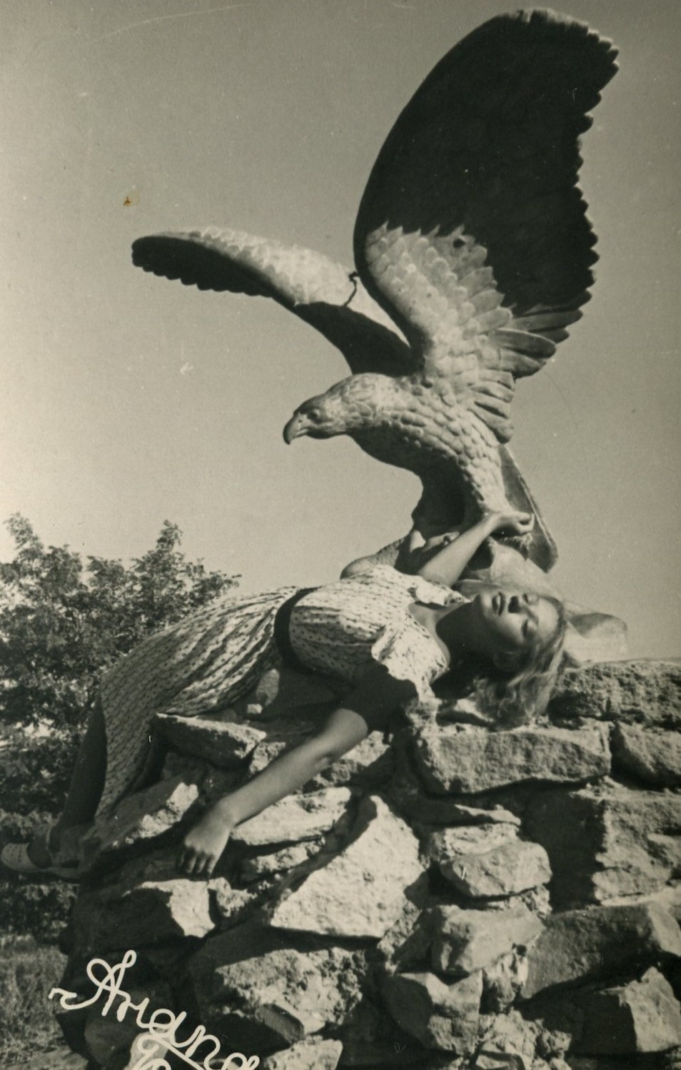 Eagle sculpture beautiful girl woman posing odd ussr vintage photo