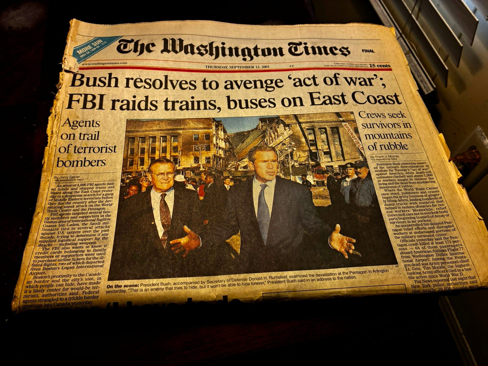 Sept 13, 2001 Newspapers Lot: The Washington Times & USA Today. Rare Find