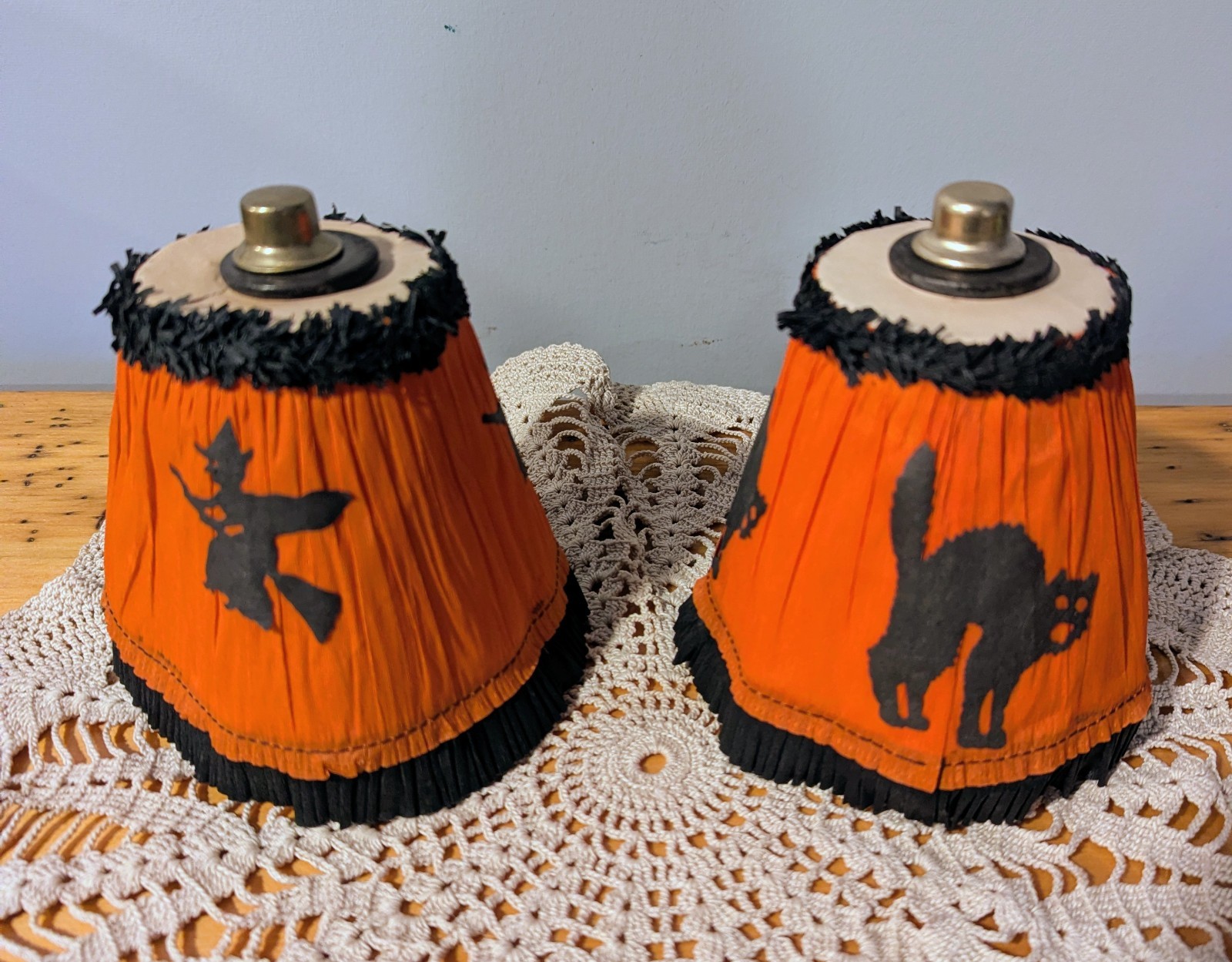 Antique 1920s 1930s Halloween Crepe Paper Lampshades Set - Witches & Cats