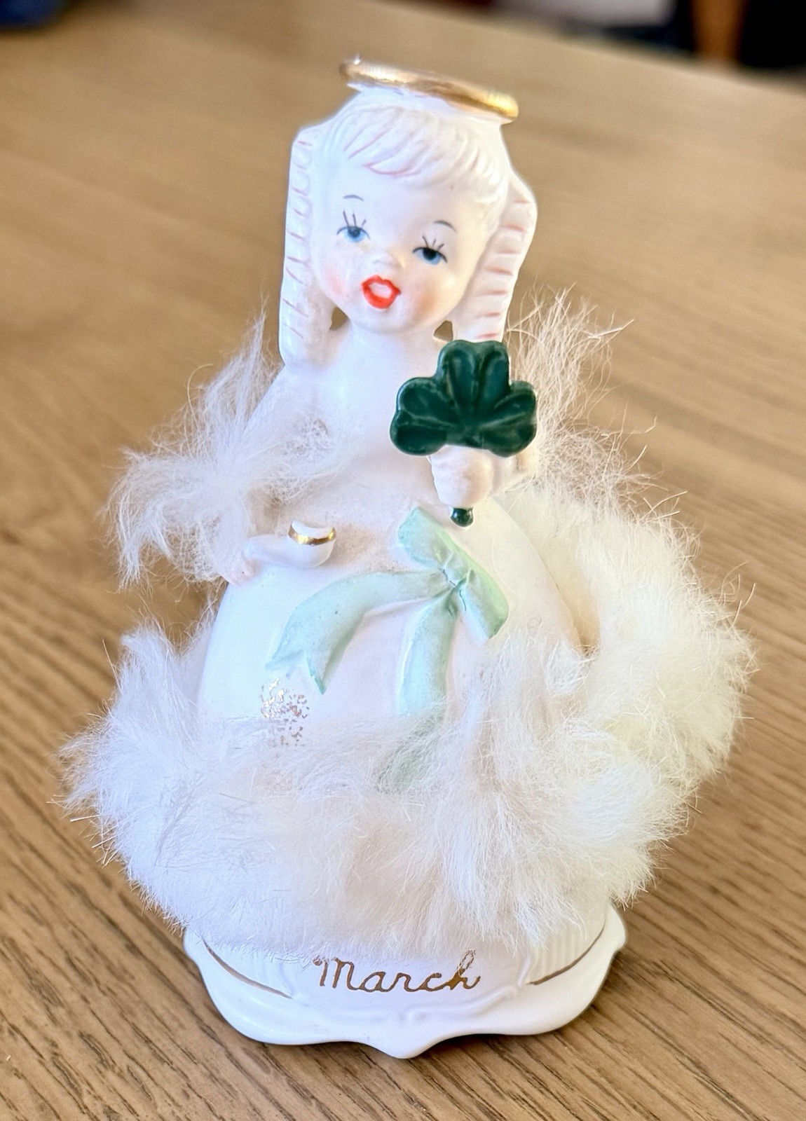Vintage 1950s Napco March Birthday Angel Figurine Spaghetti Trim Green Shamrock