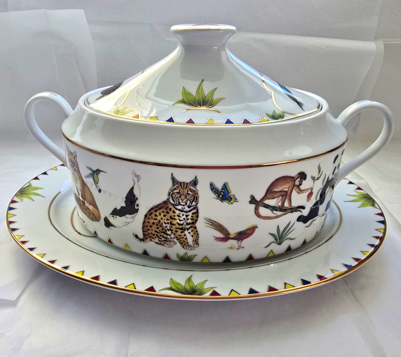 Vintage Lynn Chase Harmony Wildlife Tureen & Platter Set – 24K Gold – 1998