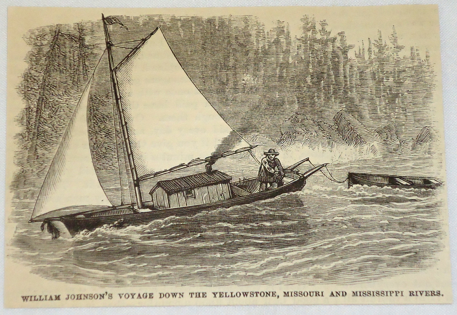 1881 magazine engraving ~ WILLAM JOHNSON'S VOYAGE in a sailboat