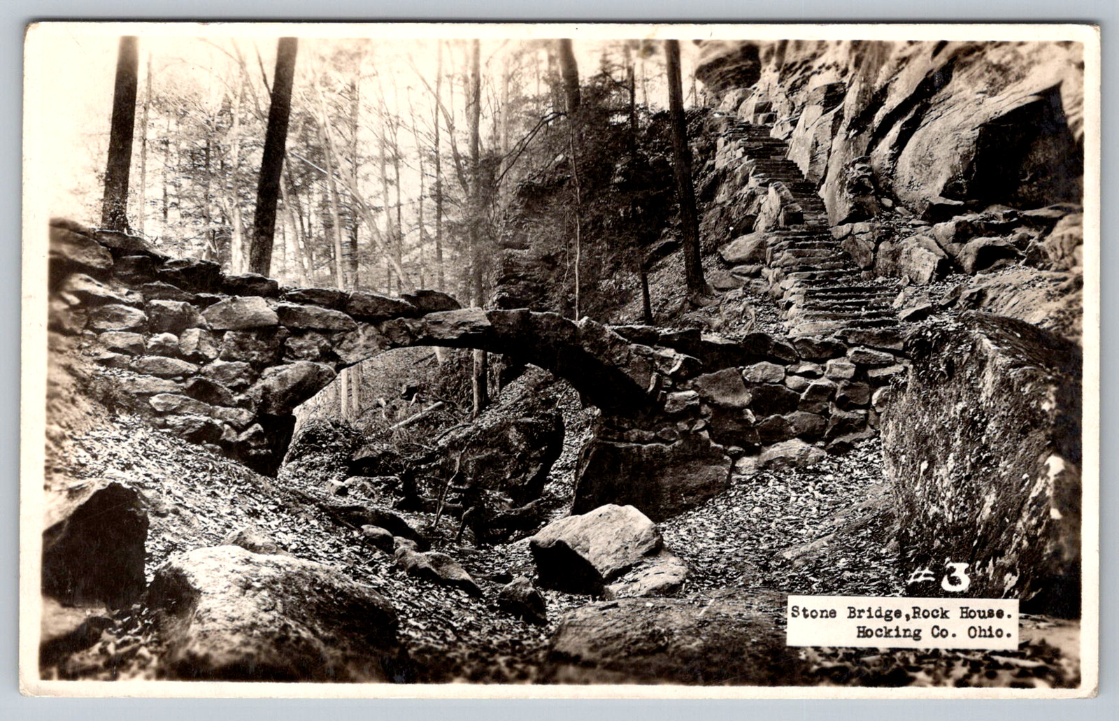 RPPC c1950s Stone Bridge Rock House Hocking Co. Ohio Postcard