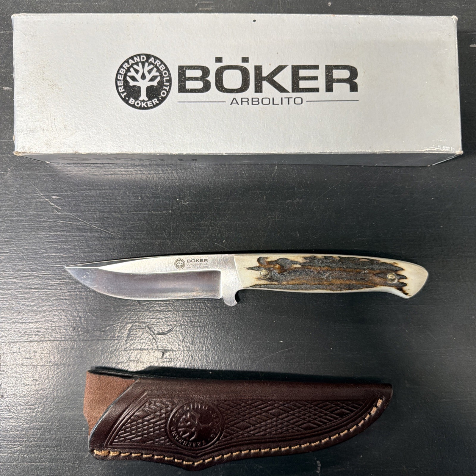 Boker Arbolito Fixed Blade Knife ~Stag FB Exclusive Handle~ Leather Sheath 02BA5