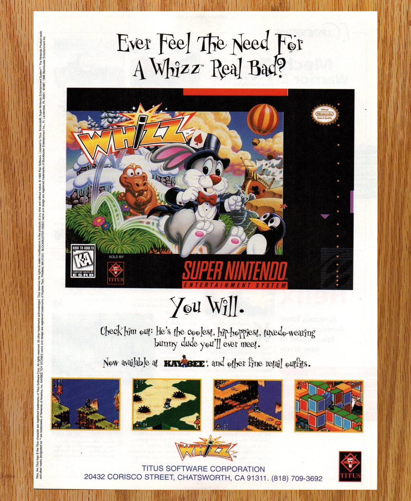 Whizz Bunny Rabbit Kaybee Titus SNES- Video Game Print Ads Poster Promo Art 1996