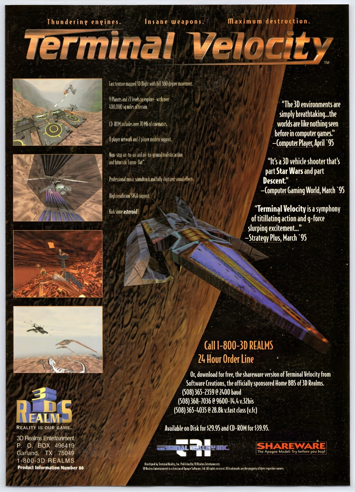 Terminal Velocity - PC Game - Vintage Original Print Ad/Poster Promo Art 1995