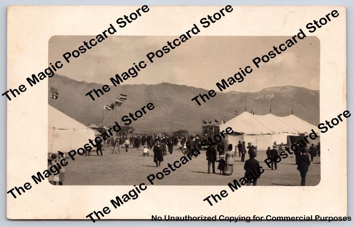 Traveling Circus Big Top Tents & Crowd w Mountain Background RPPC Photo ~1910s