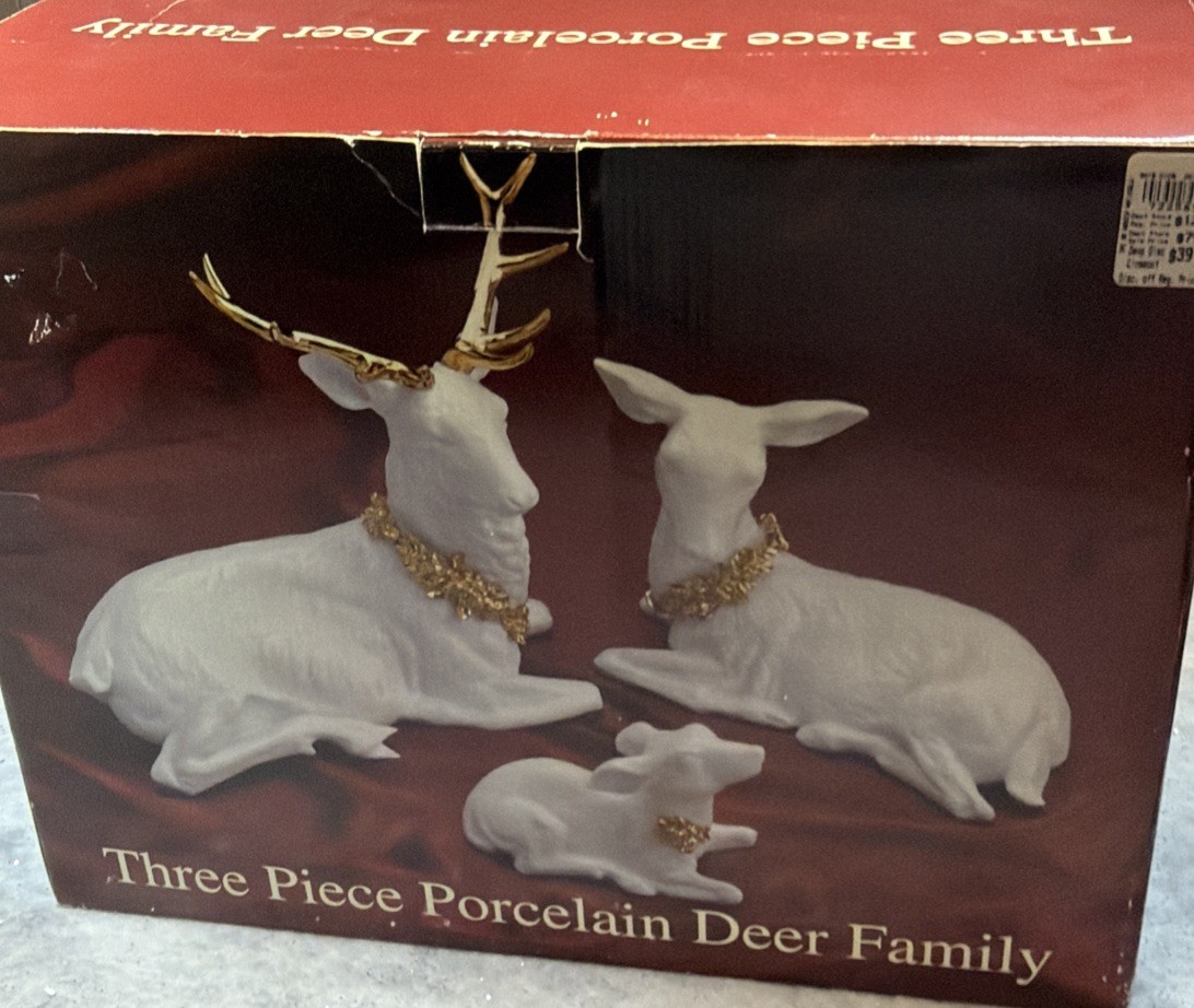 Vintage 3 Piece Porcelain Deer Family White/Gold by Christmas Traditions 