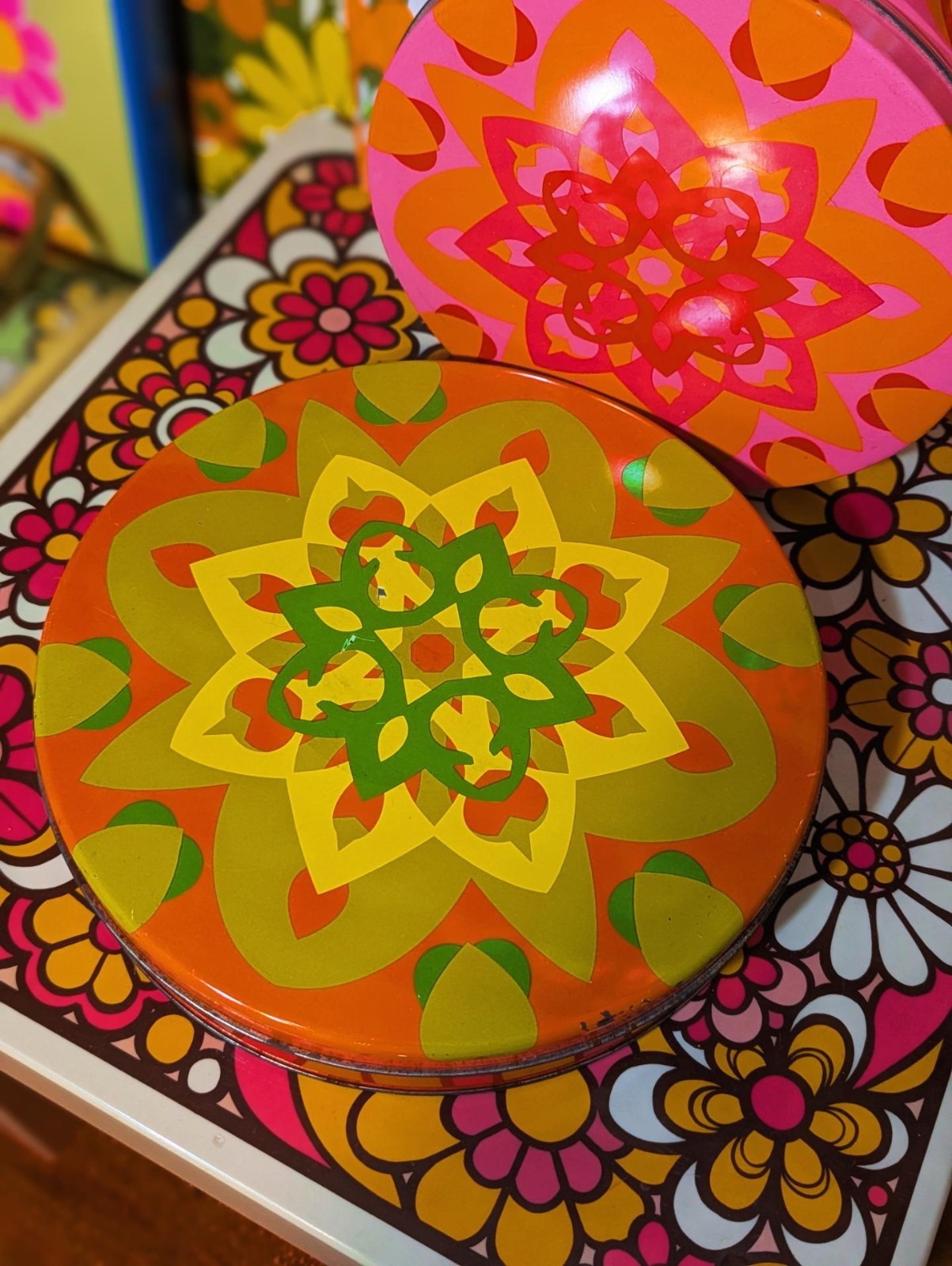 Orange Yellow Green Psychedelic Tin Canister Groovy Retro Vintage 1970s 70s Mcm