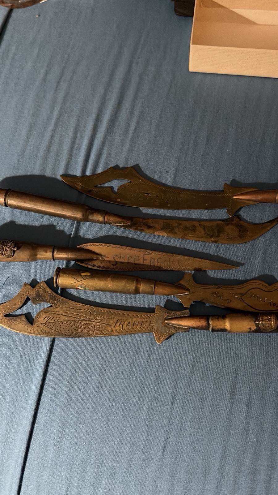 ￼ Five Rare Handmade Bullet Trench, Art Letter Openers WW I France 1914-1918