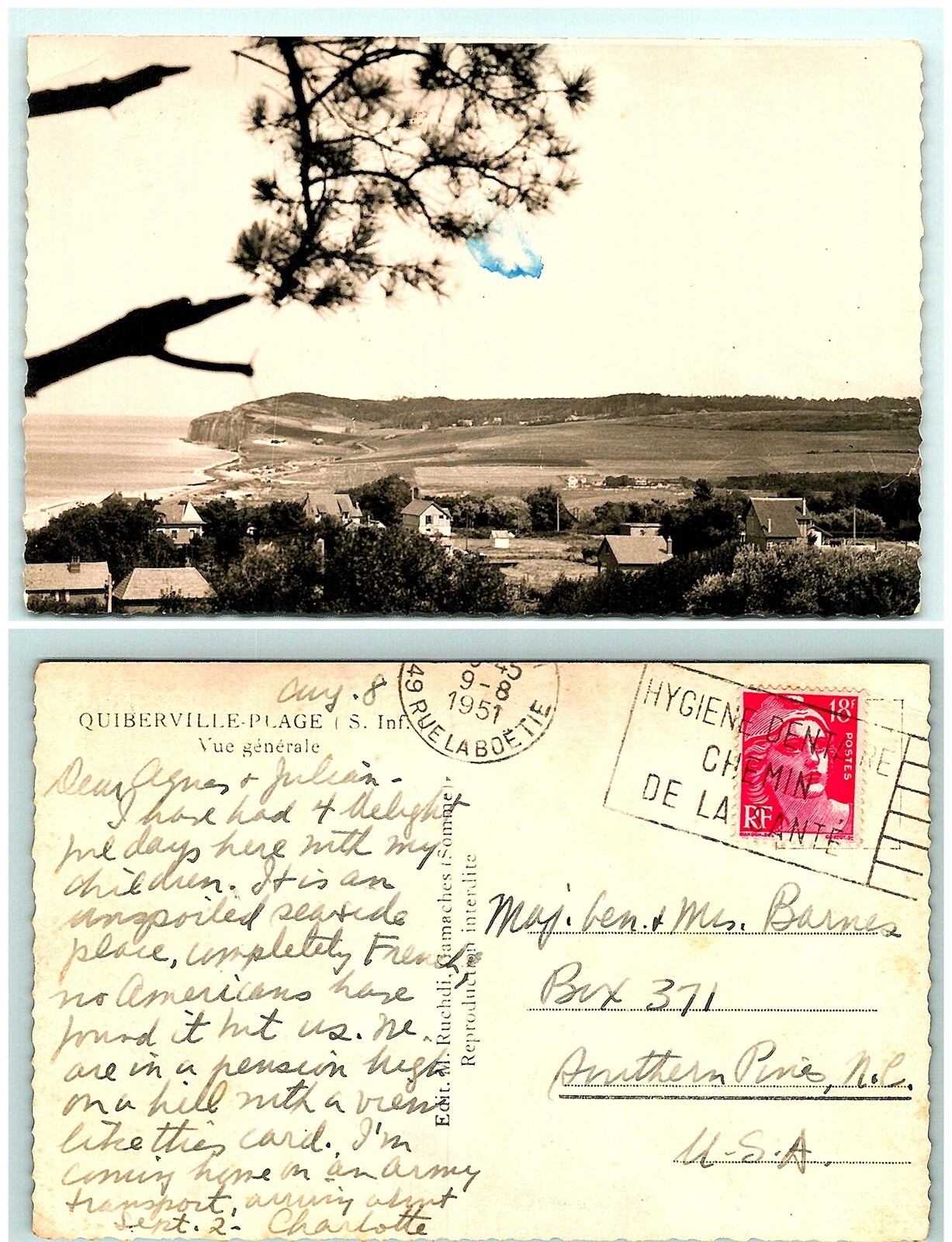 S04-7998, QUIBERVILLE PLAGE, FRANCE 1951 TO USA, POSTCARD