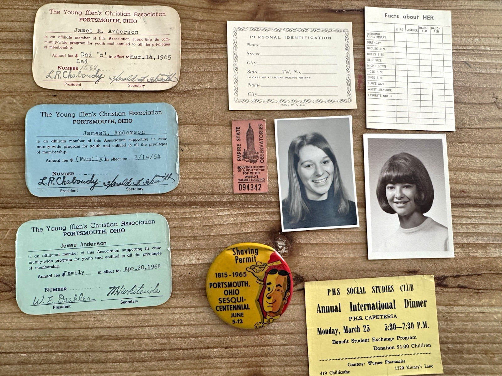 Vintage 1960s Ephemera Lot YMCA Cards Empire State Ticket Photos Pin 11 Pieces