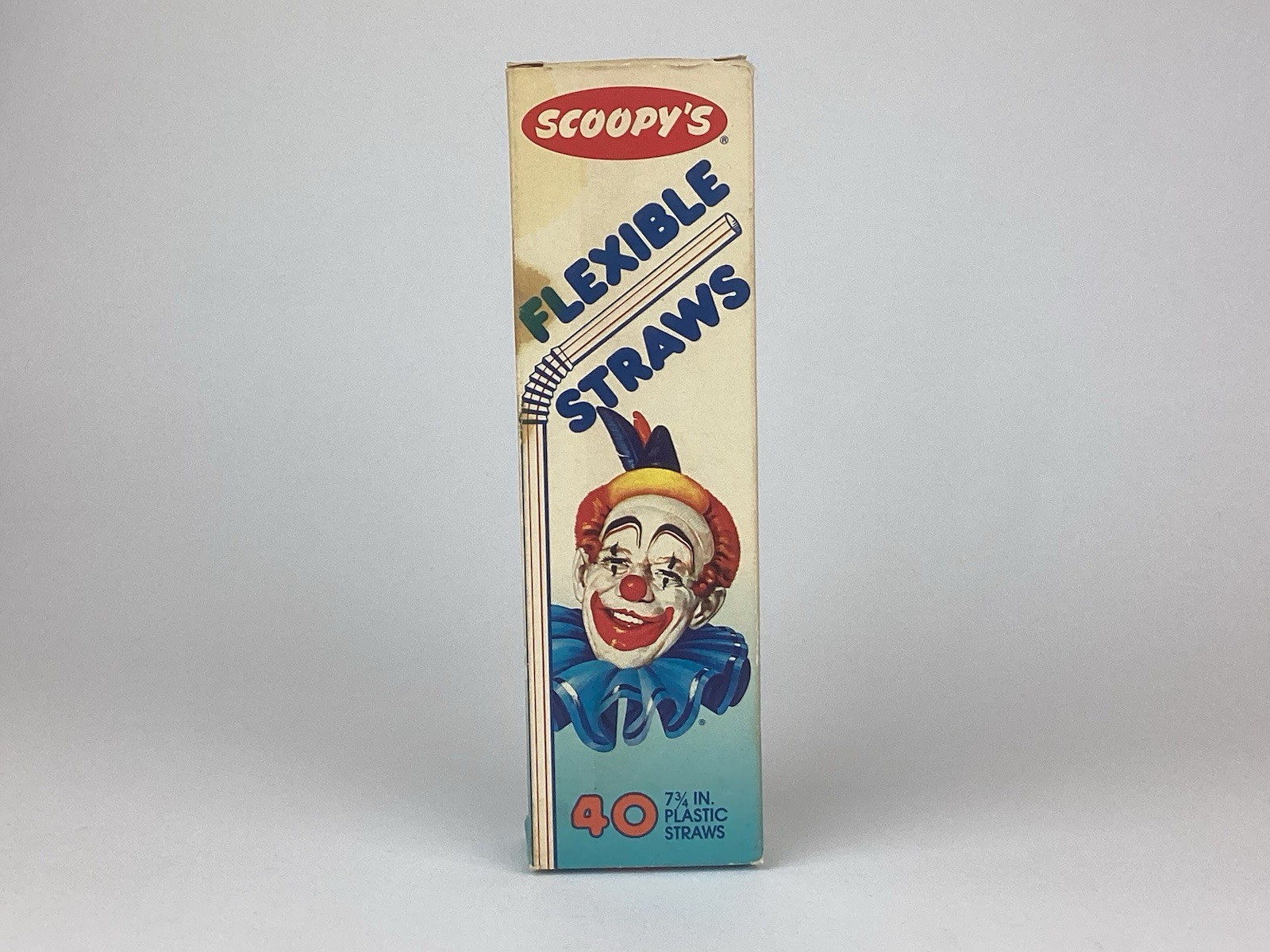 Vintage Scoopy\'s Flexible Drinking Straws Red White Plastic Clown Logo Box 1985