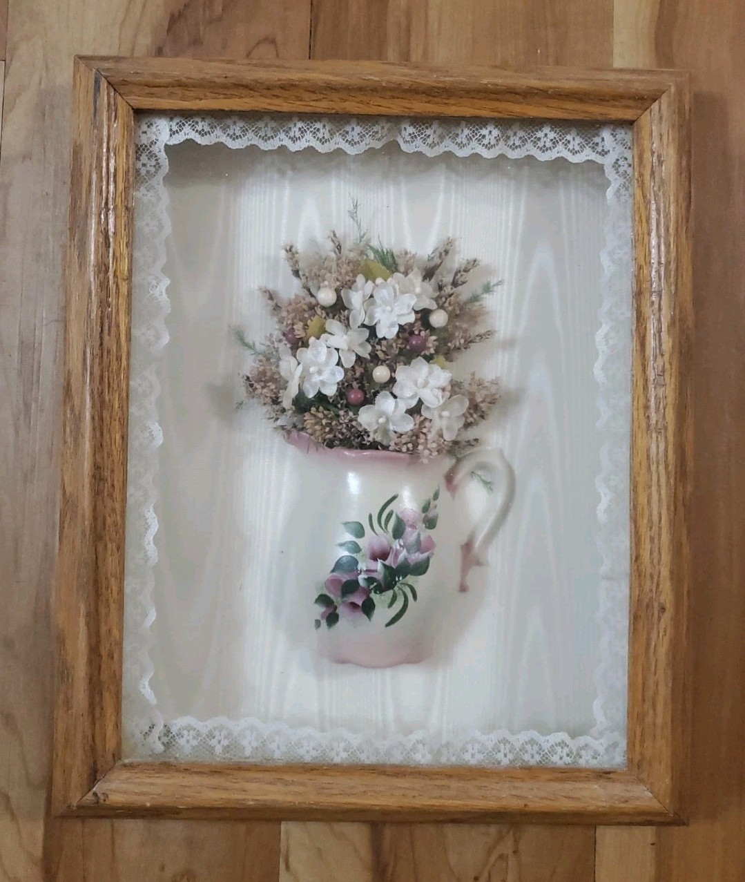 Vintage 3D Floral Shadow Box Wall Art Ceramic Pitcher Lace Oak Frame Cottagecore