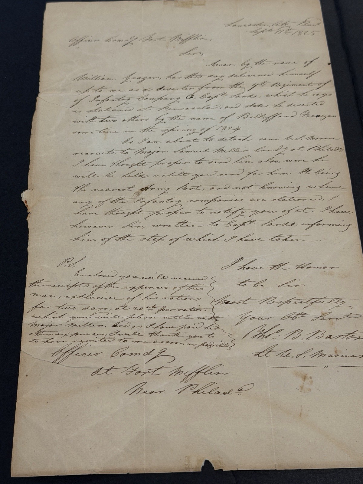 1825 US Marine Corps Lt Signed Military Letter Deserter William Yeager 