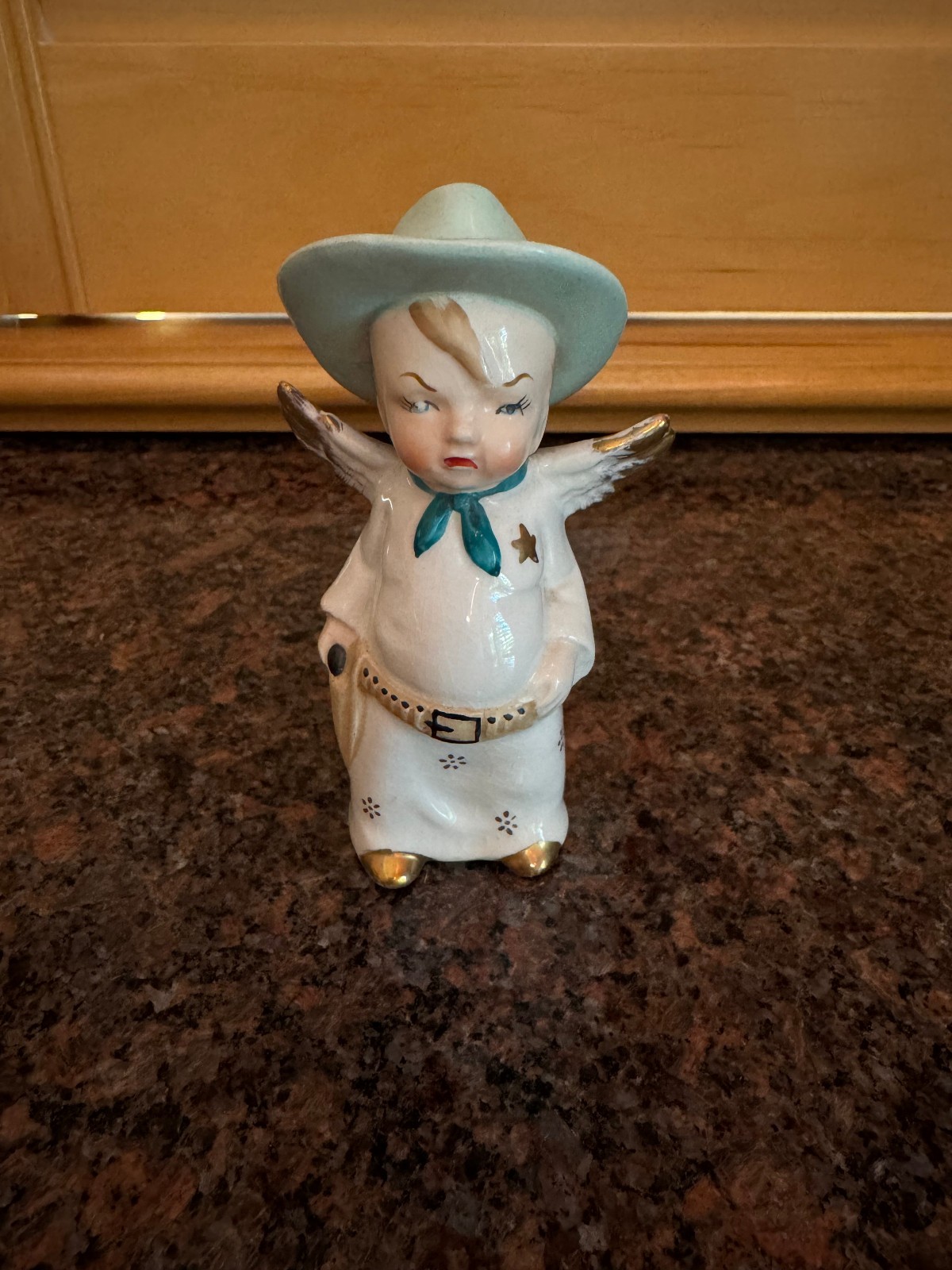 Vintage 1950's Angel Cowboy w/ Hat & Gun Belt Ceramic Figurine Japan
