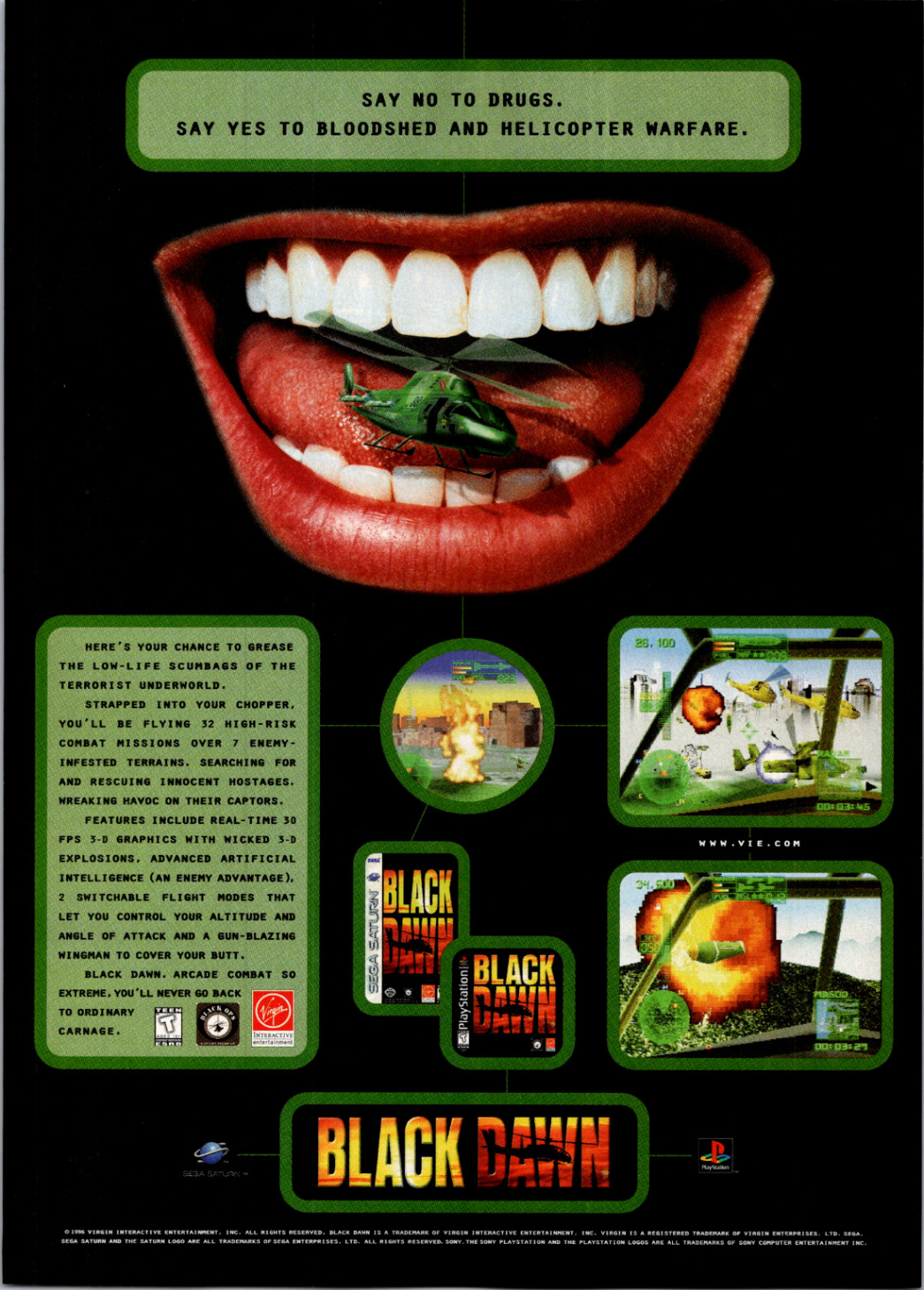 Black Dawn Virgin Interactive 1996 Video Game Magazine Ad Helicopter Lips