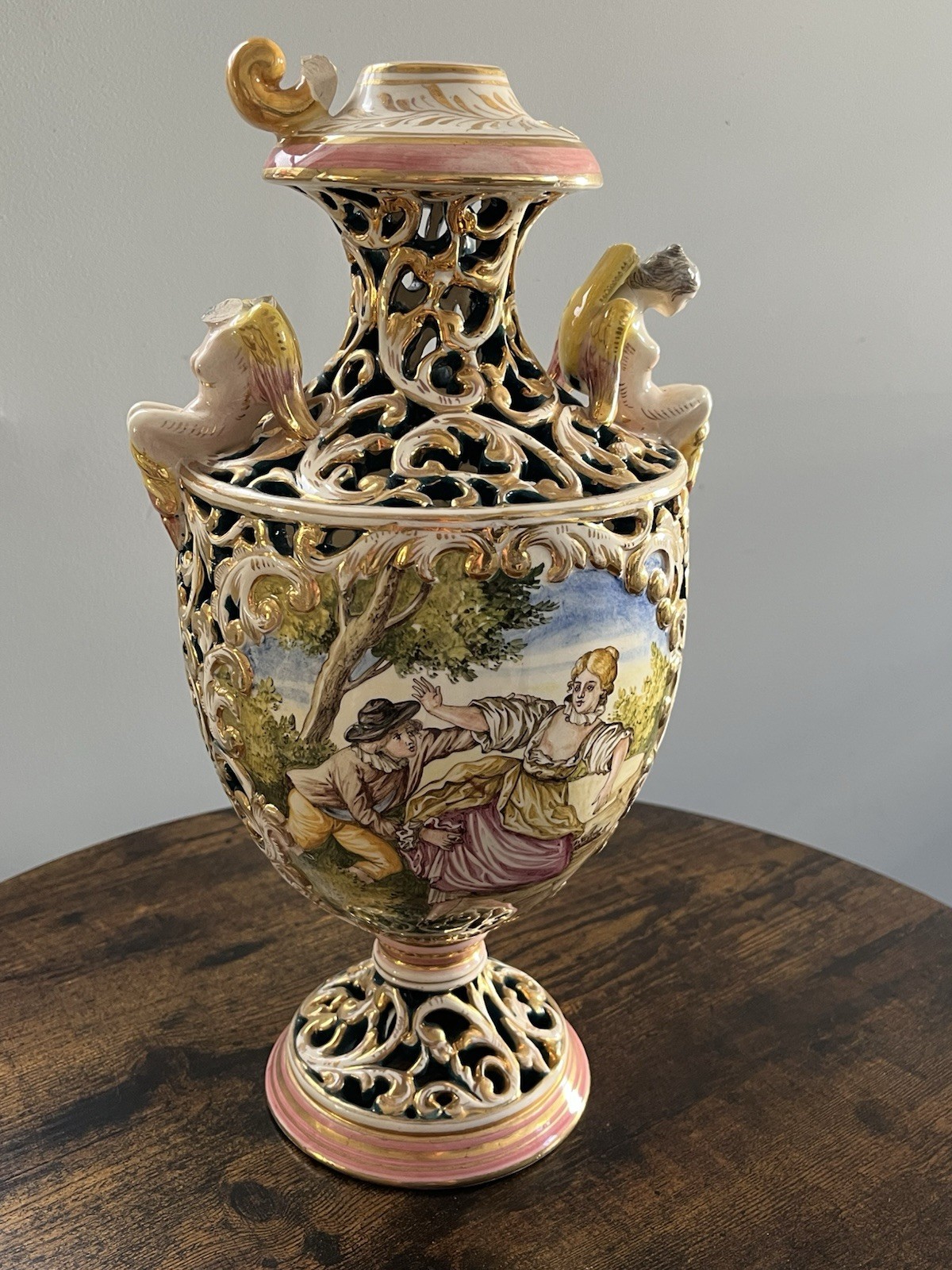 Vintage Capodimonte Style Porcelain Decorative Urn Vase Figural Gilt as is