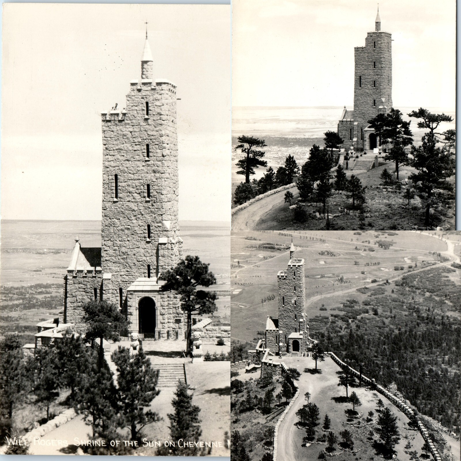x3 LOT c1940s Cheyenne Mt CO Will Rogers Shrine of the Sun RPPC Tower Postcard