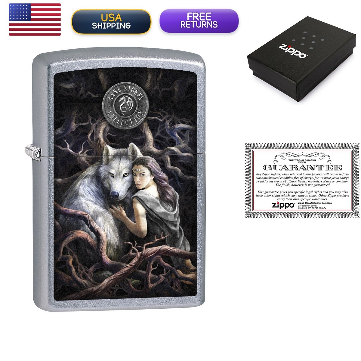 Zippo Lighter Anne Stokes Soul Bond Woman with Wolf Street Chrome 79266