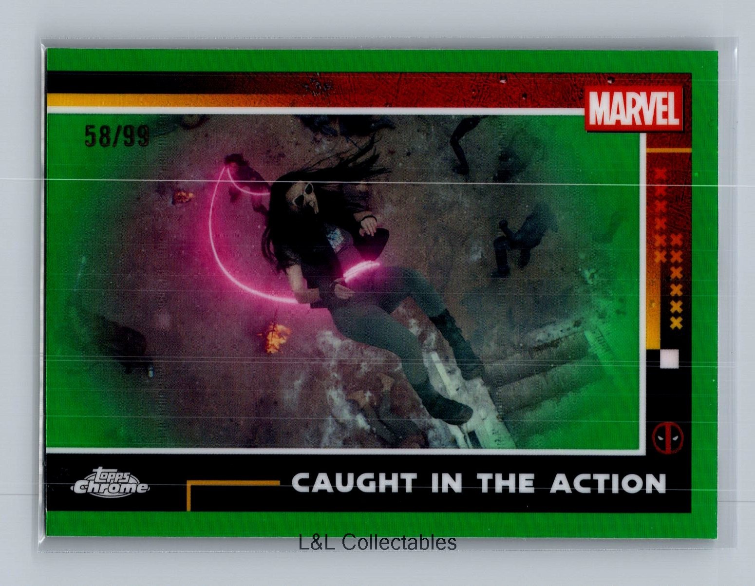 2025 Topps Chrome Deadpool - #84 Caught in the Action Green /99