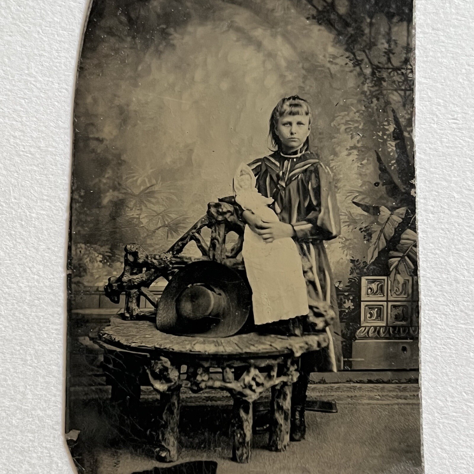 Antique Tintype Photograph Adorable Little Girl With Doll Log Chair & Big Hat