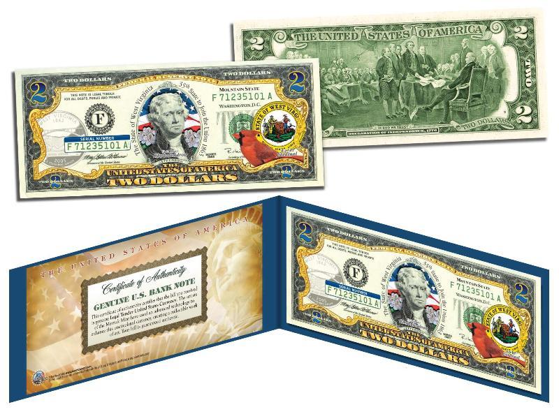 WEST VIRGINIA Statehood $2 Two-Dollar Colorized US Bill WV State *Legal Tender*