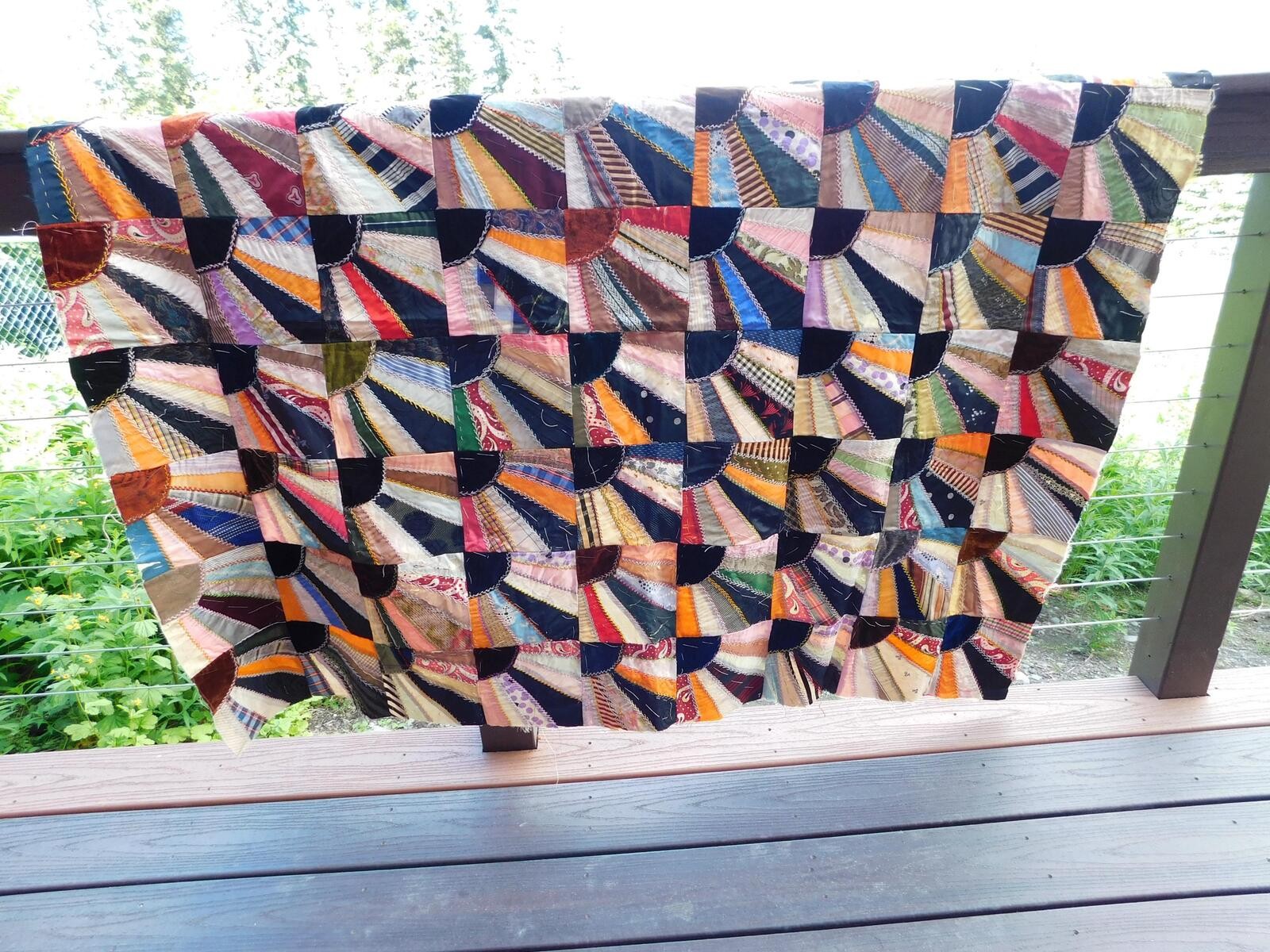 Antique Crazy Quilt Top Hand Embroidered Silk Velvet Colorful Scrap Fabrics