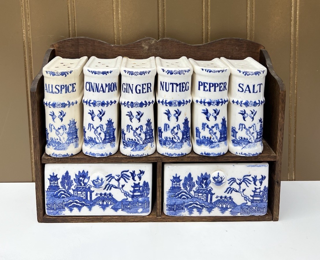 Vintage Rare 9-pc Blue Willow Spice Set with Wooden Rack Made In JAPAN.