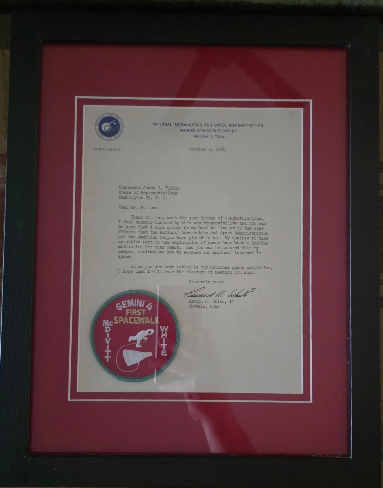 NASA Astronaut Ed White Framed Typed Letter Signed on NASA Letterhead Oct 1962