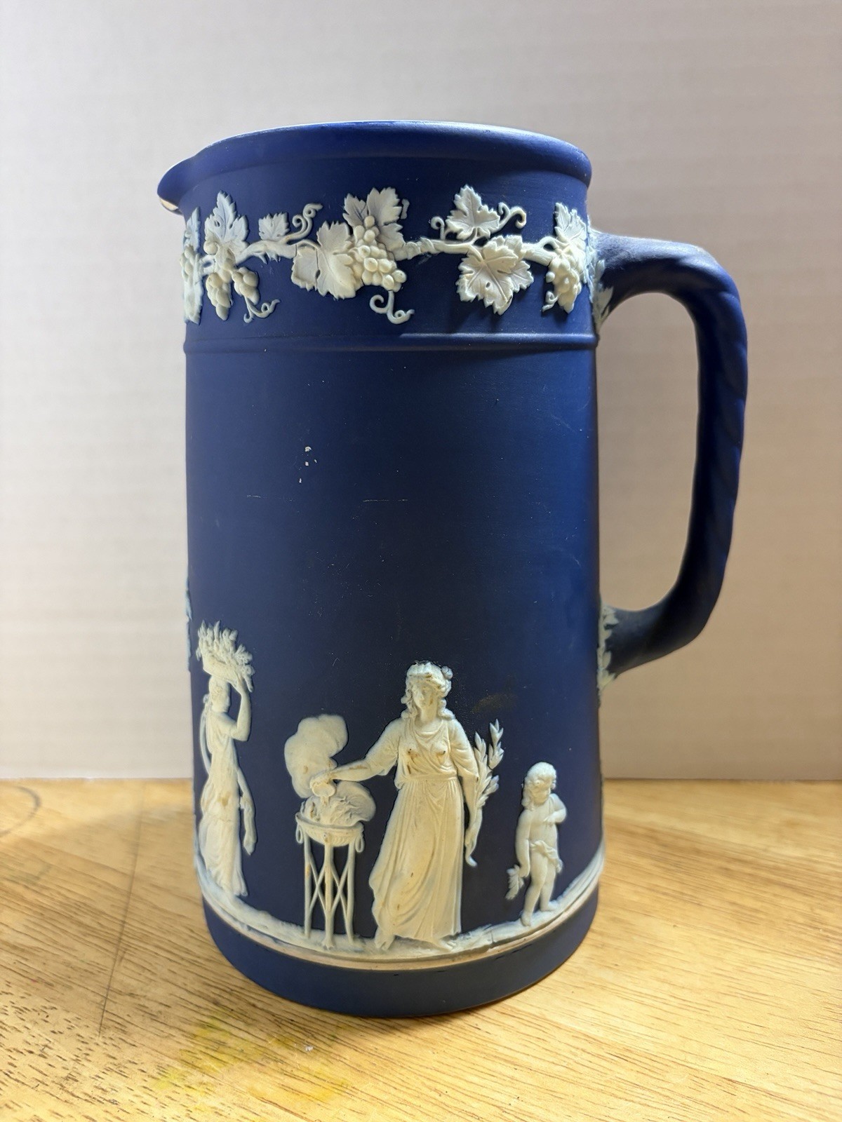 Antique Wedgwood Dark Blue Jasperware Jug, Impressed ENGLAND, c. 1891 to 1910s