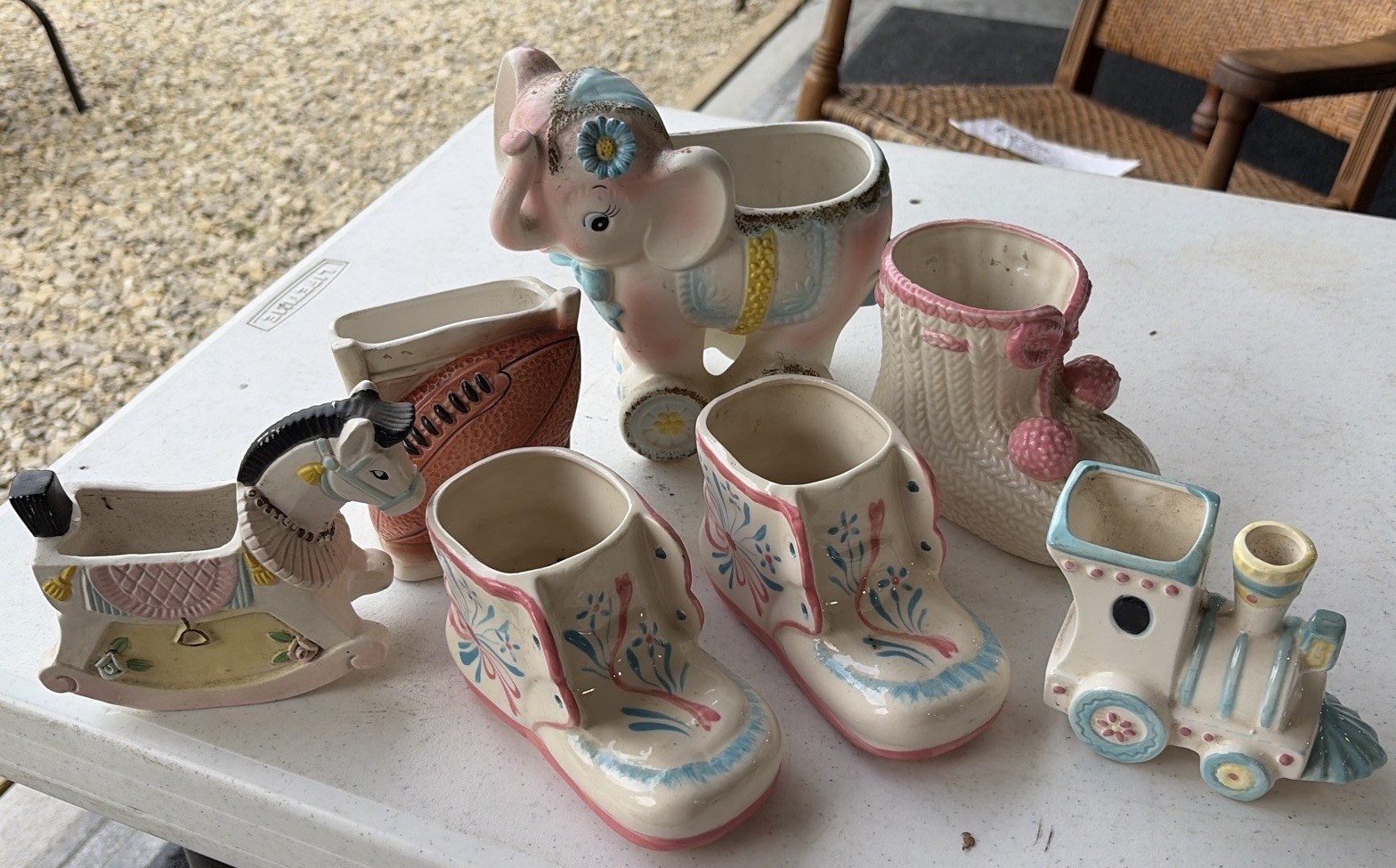 Vintage Ceramic Baby Nursery Planters Lot of 7- Booties Horse Train Elephant