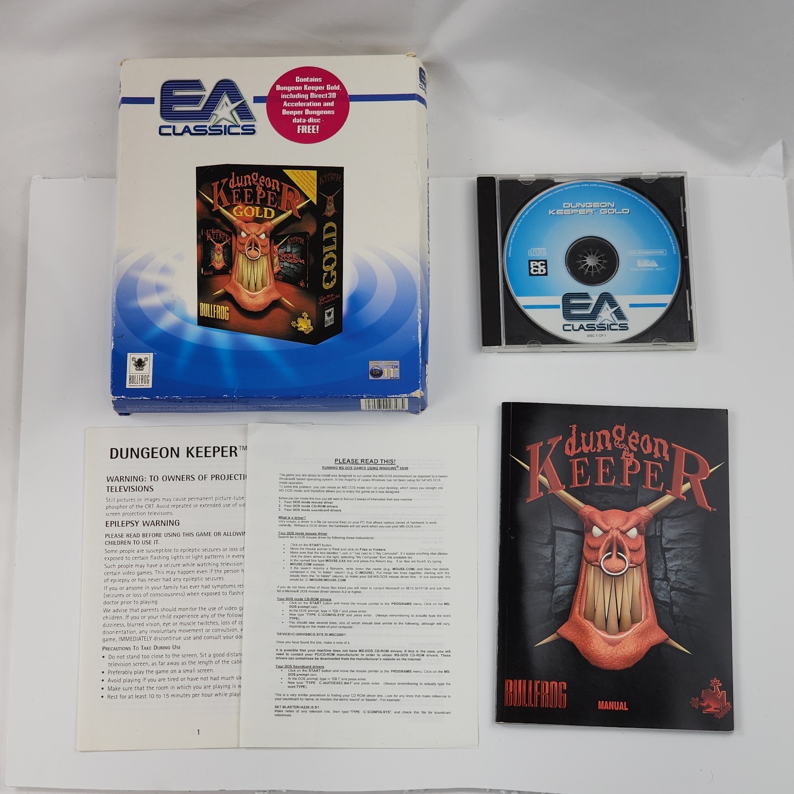 Dungeon Keeper Gold Edition (PC, 1998) Big Box Game Complete Deeper Dungeons VG