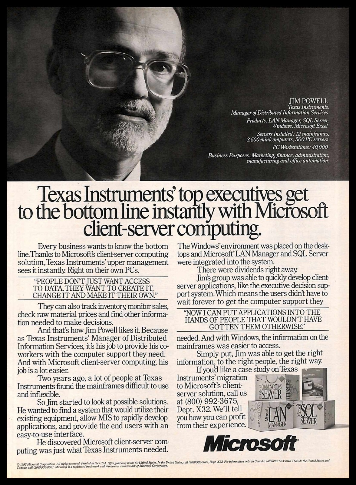 1992 Microsoft Client Server Computing PRINT AD Retro PC Texas Instruments