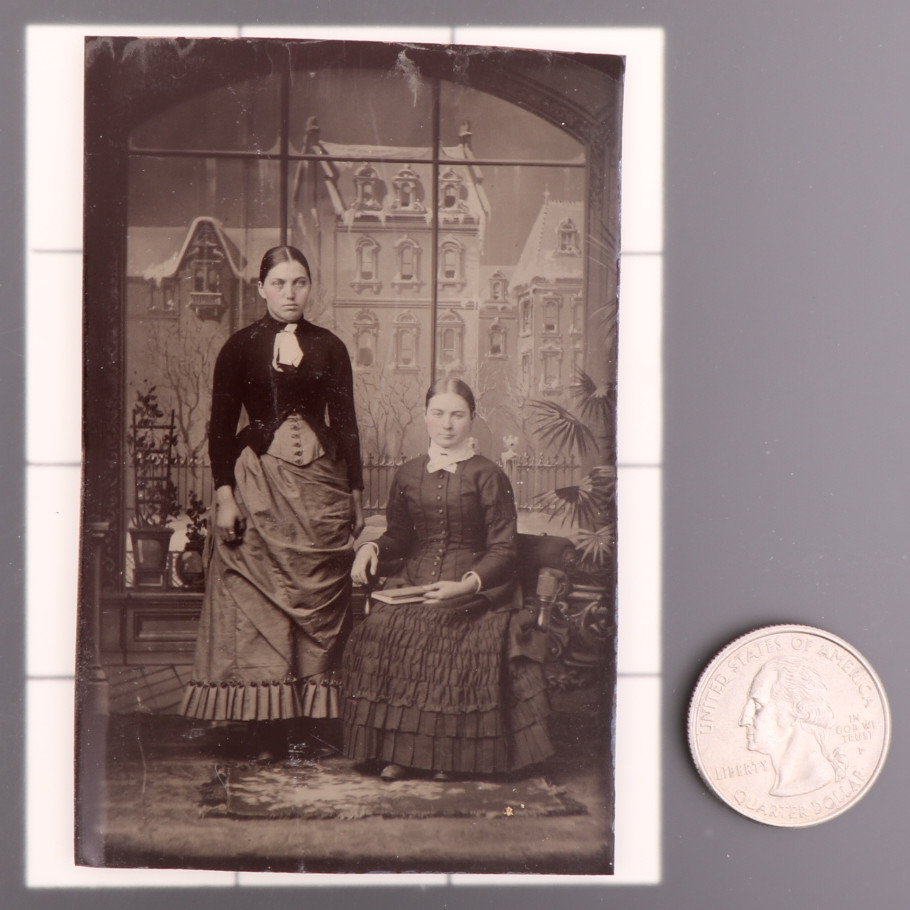 Antique CDV 6th Plate Tintype Friendship Photo of 2 Women Winter Scene #1275