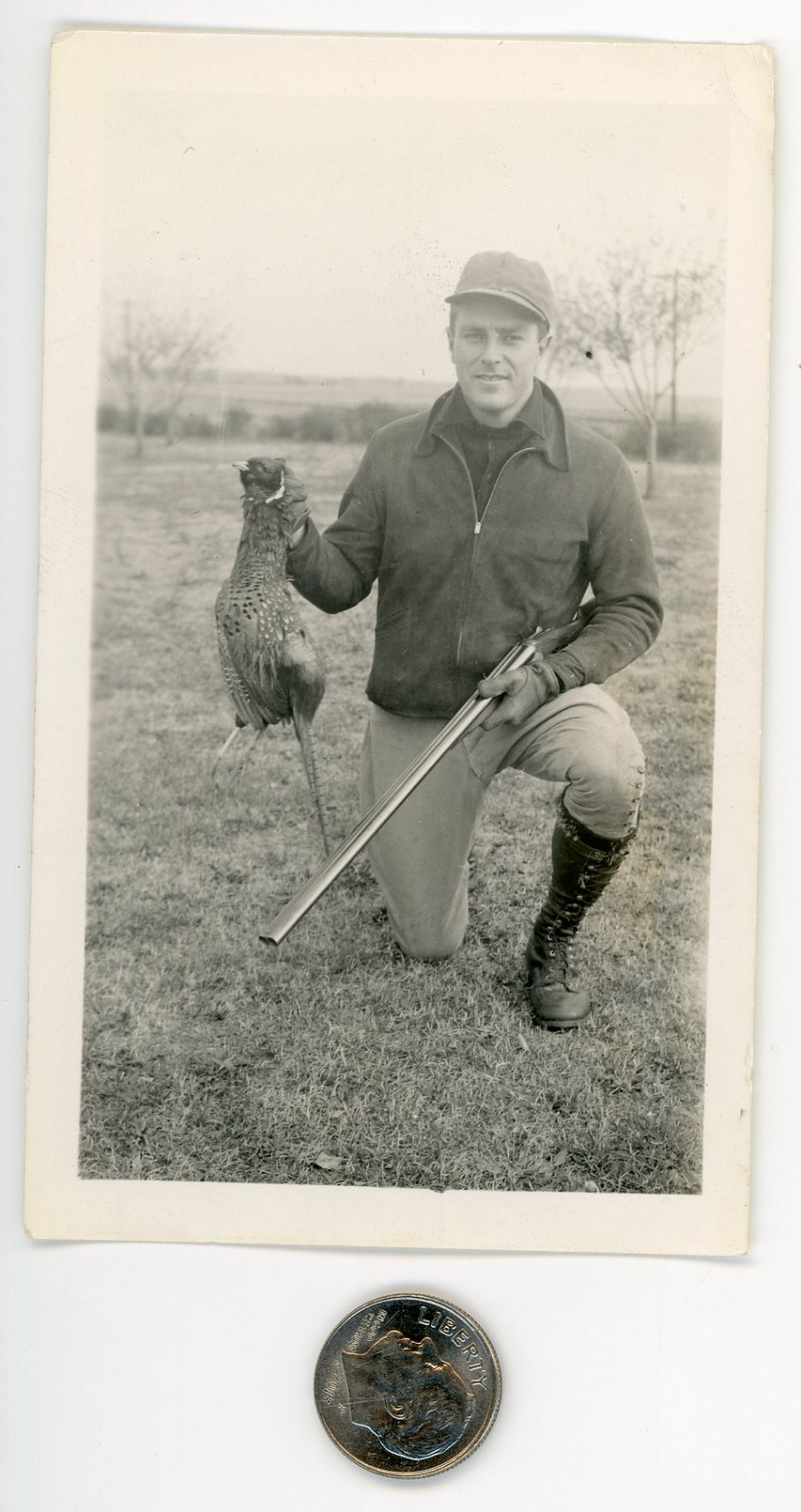 Vintage 1940's GUN photo / Bird HUNTER Holds Up PHEASANT - Double Barrel SHOTGUN