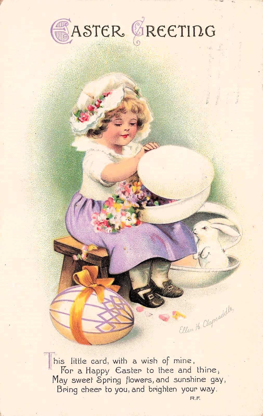 Antique Ellen Clapsaddle Easter Bunny Girl Wooden Stool Bonnet Vtg Postcard F36