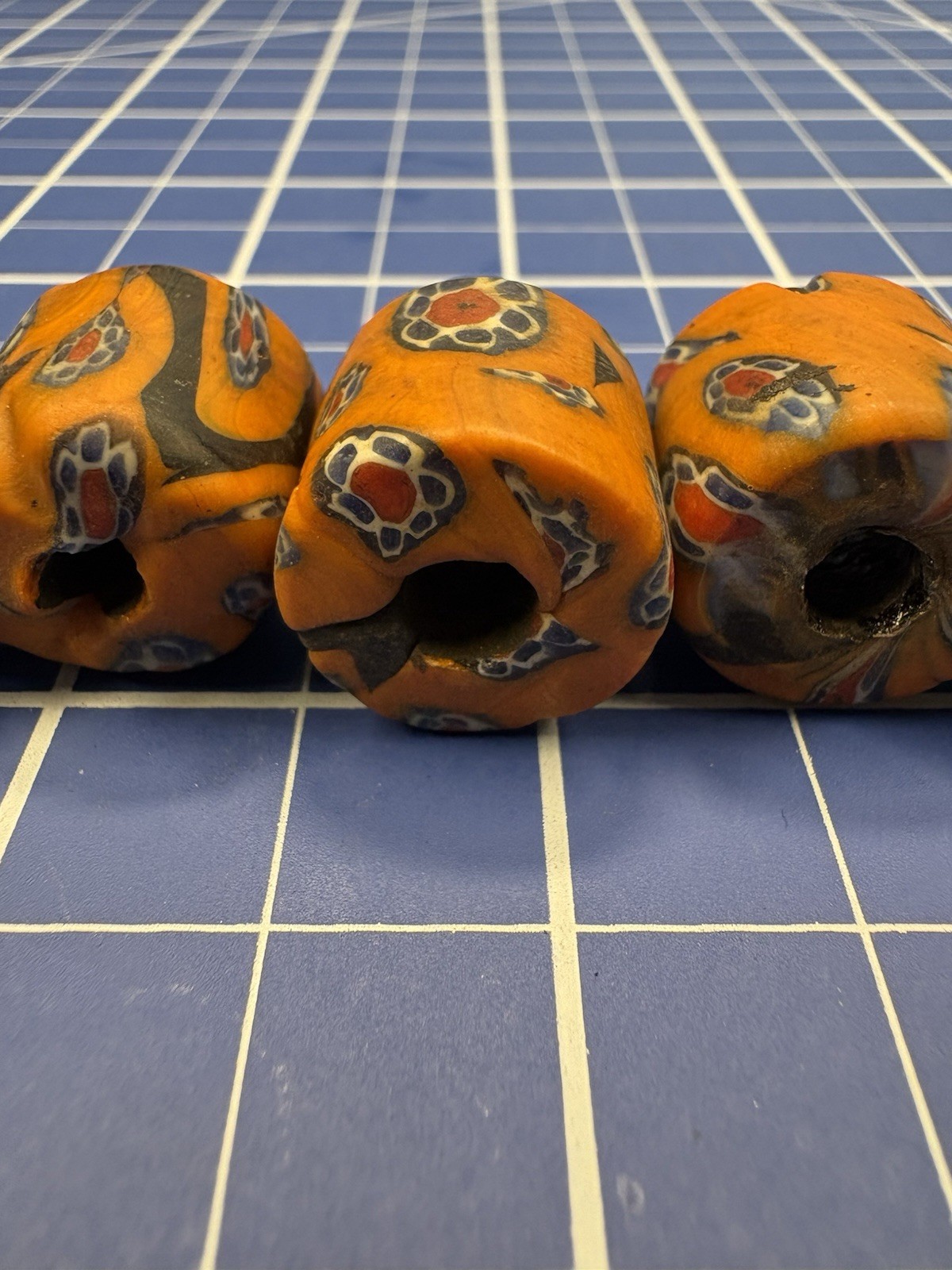 10 EA Antique Venetian Millefiori African Trade Beads Orange Black Floral 1800s