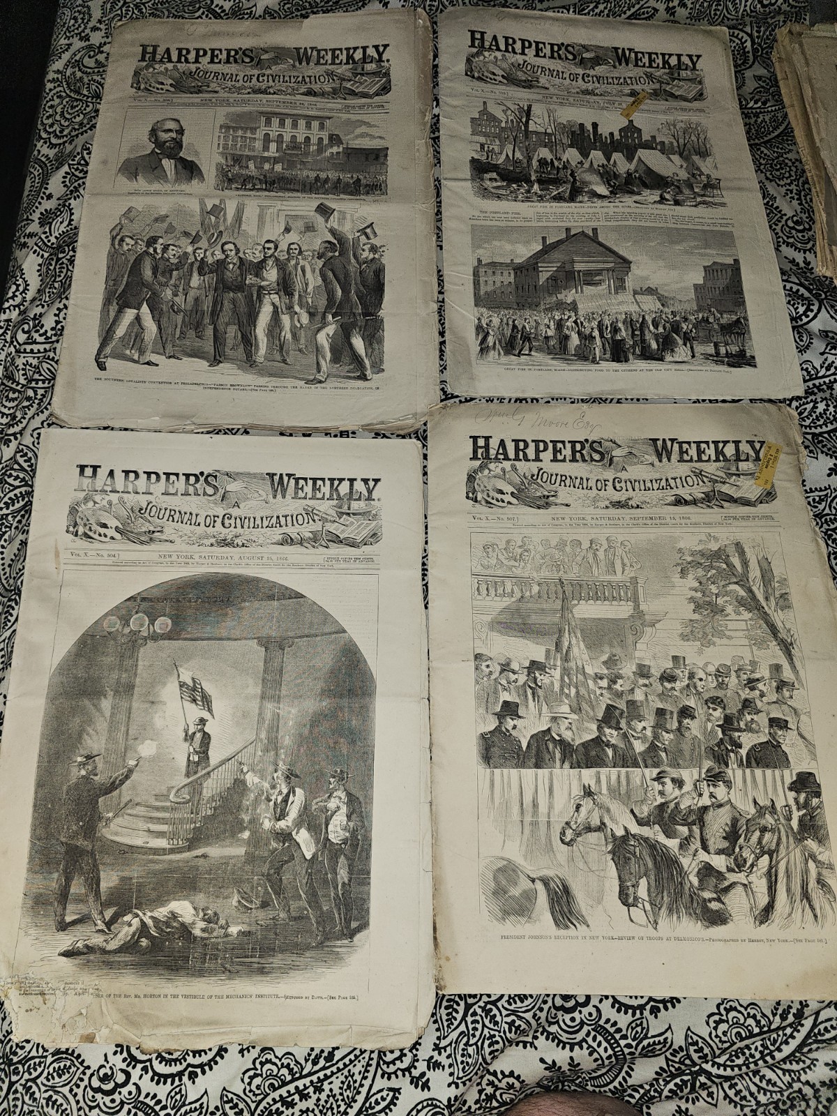 ​1866 Harpers Weekly Lot 4 Civil War Reconstruction Portland Fire Johnson New