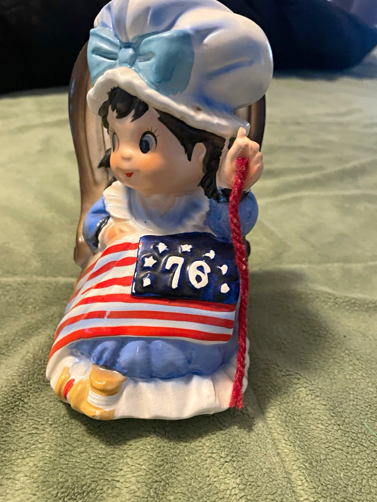Vintage 1970s Patriotic Musical Ceramic Girl Figurine American Flag '76.