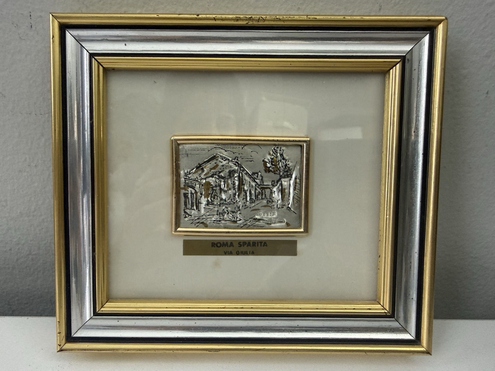 Vintage Roma Sparita Via Giulia Silver 925 Gold Leaf Italian Framed Art