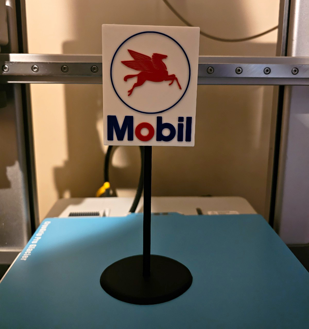 Mobil Gas & Oil Advertising Sign. Pegasus Logo. White Red Blue Black. Stand