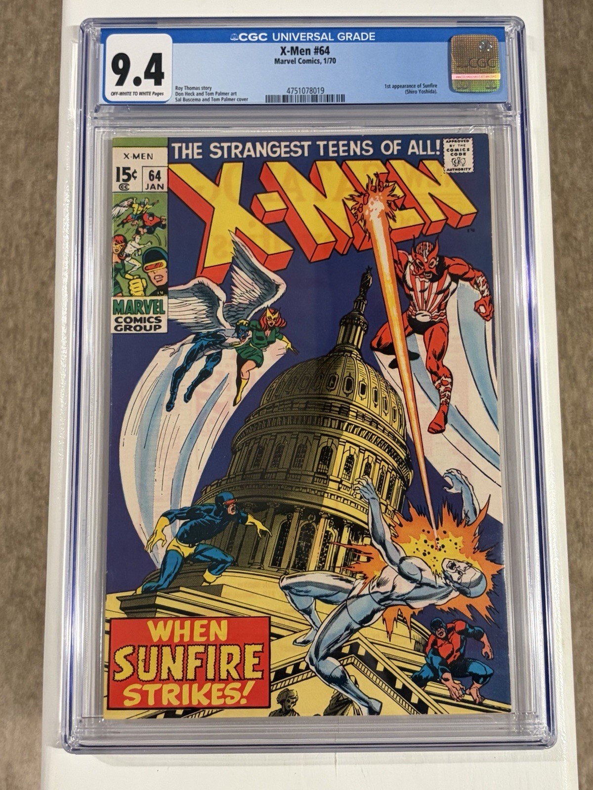 The X-Men #64 Silver Age Marvel Comic Book CGC 9.4 Universal OW-W 1st Sunfire 🔥