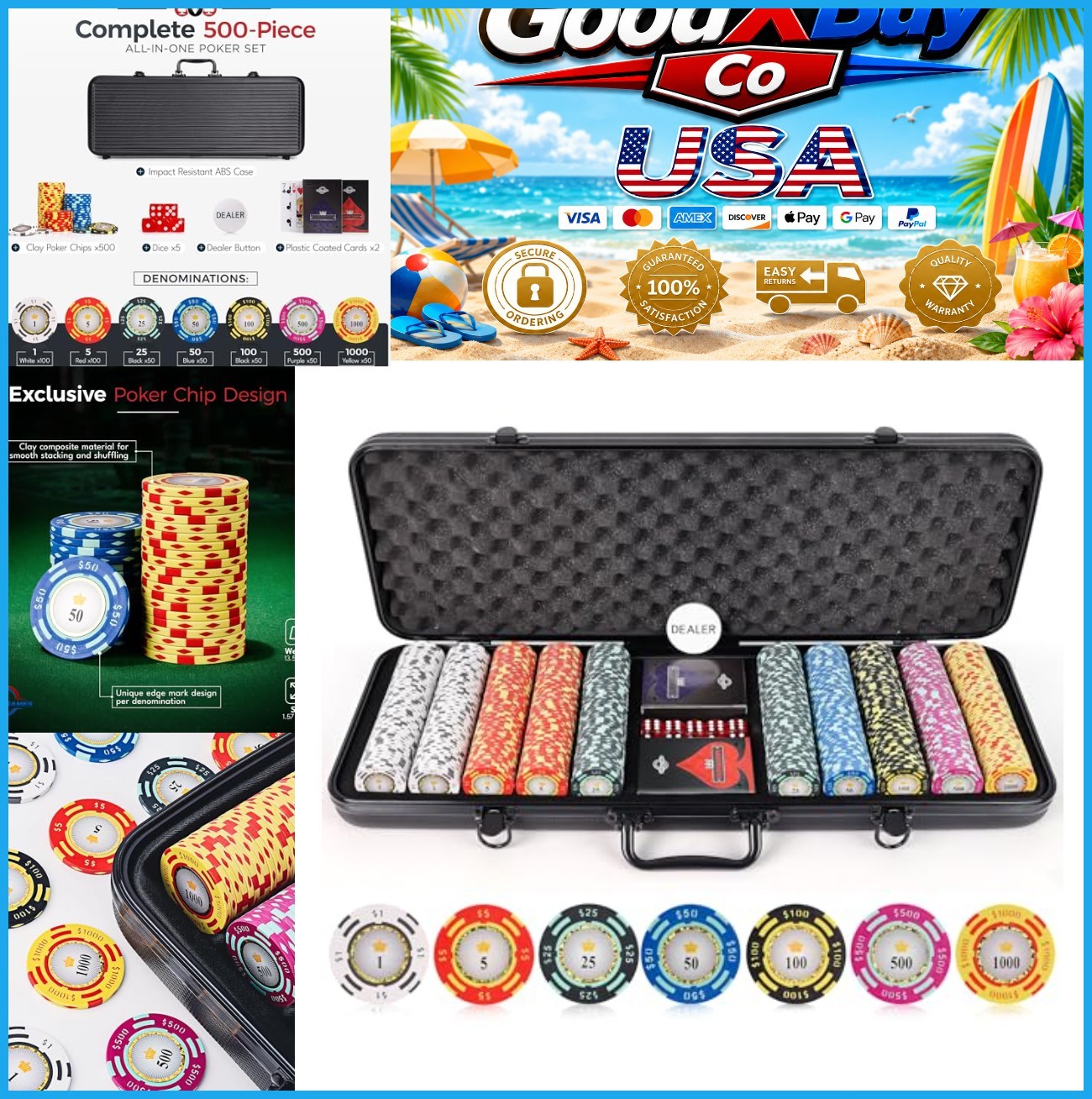 NEW 500pc 13.5g Clay Poker Chip Set Crown Casino Denominations w Case Cards Dice