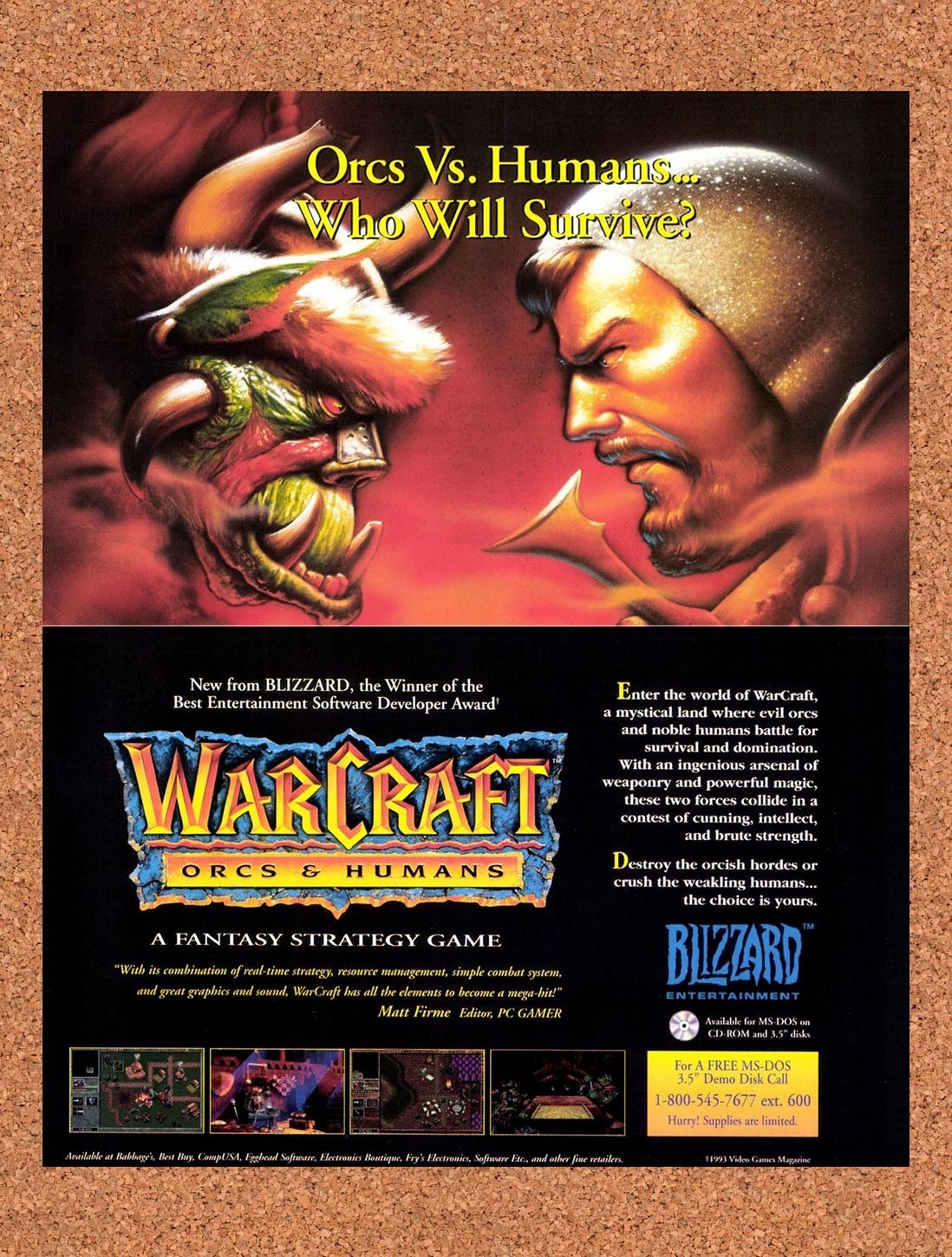 1995 WarCraft Orcs & Humans PC Original Advertisement / Retro Promo v1