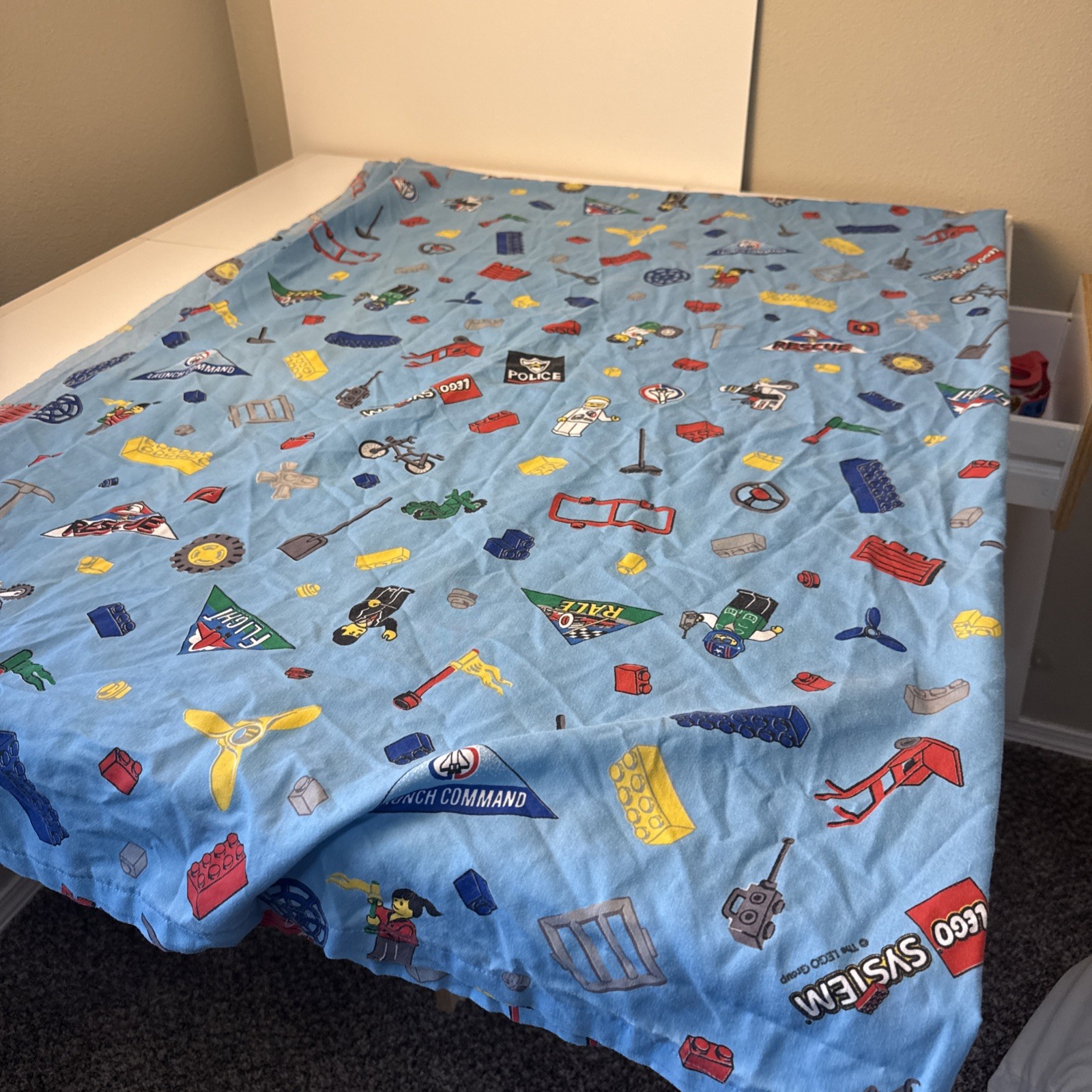 1990s Vintage Lego System Twin Bed Flat Sheet Blue City Rescue Space