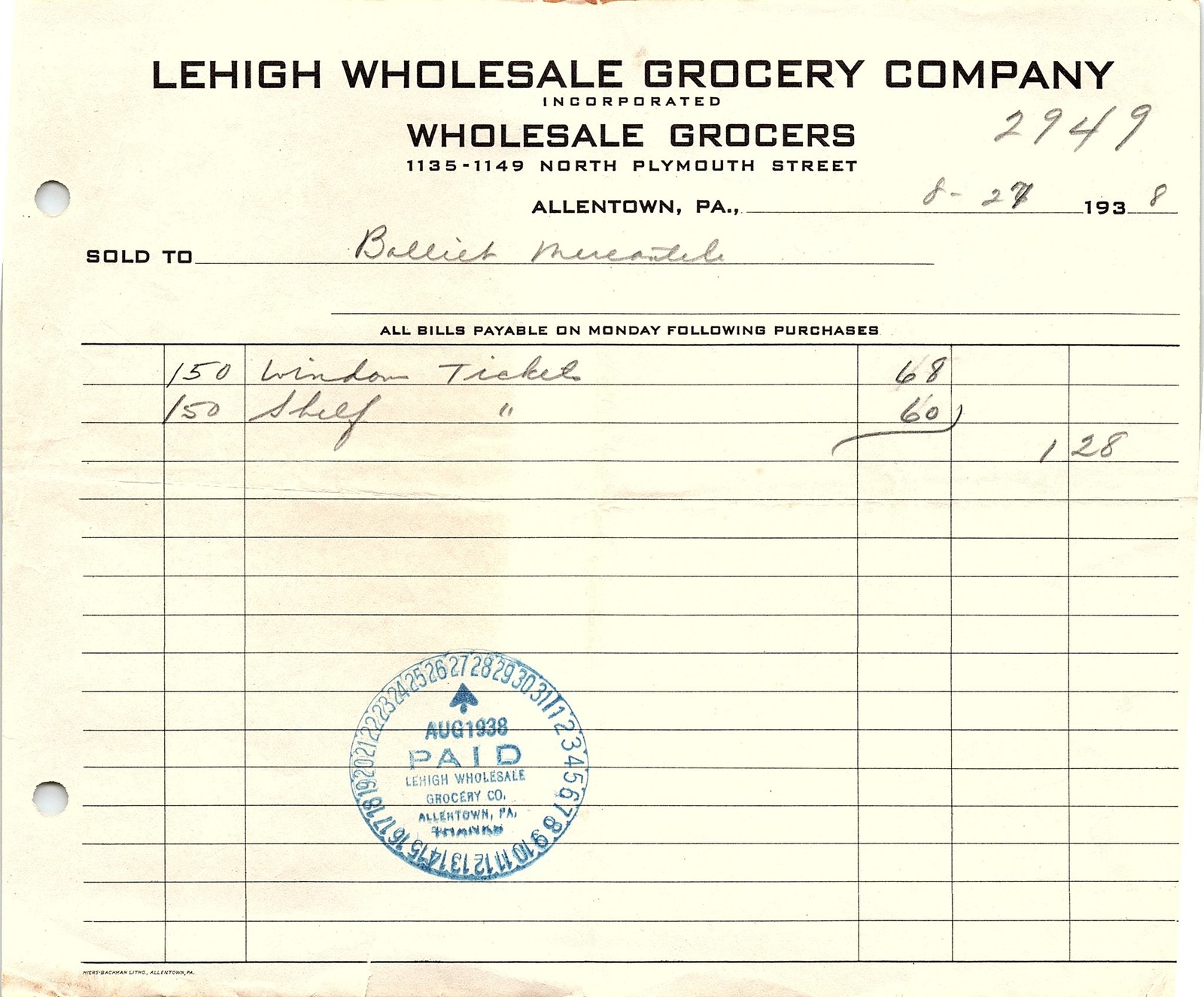 1938 Lehigh Wholesale Grocers Allentown PA Billhead