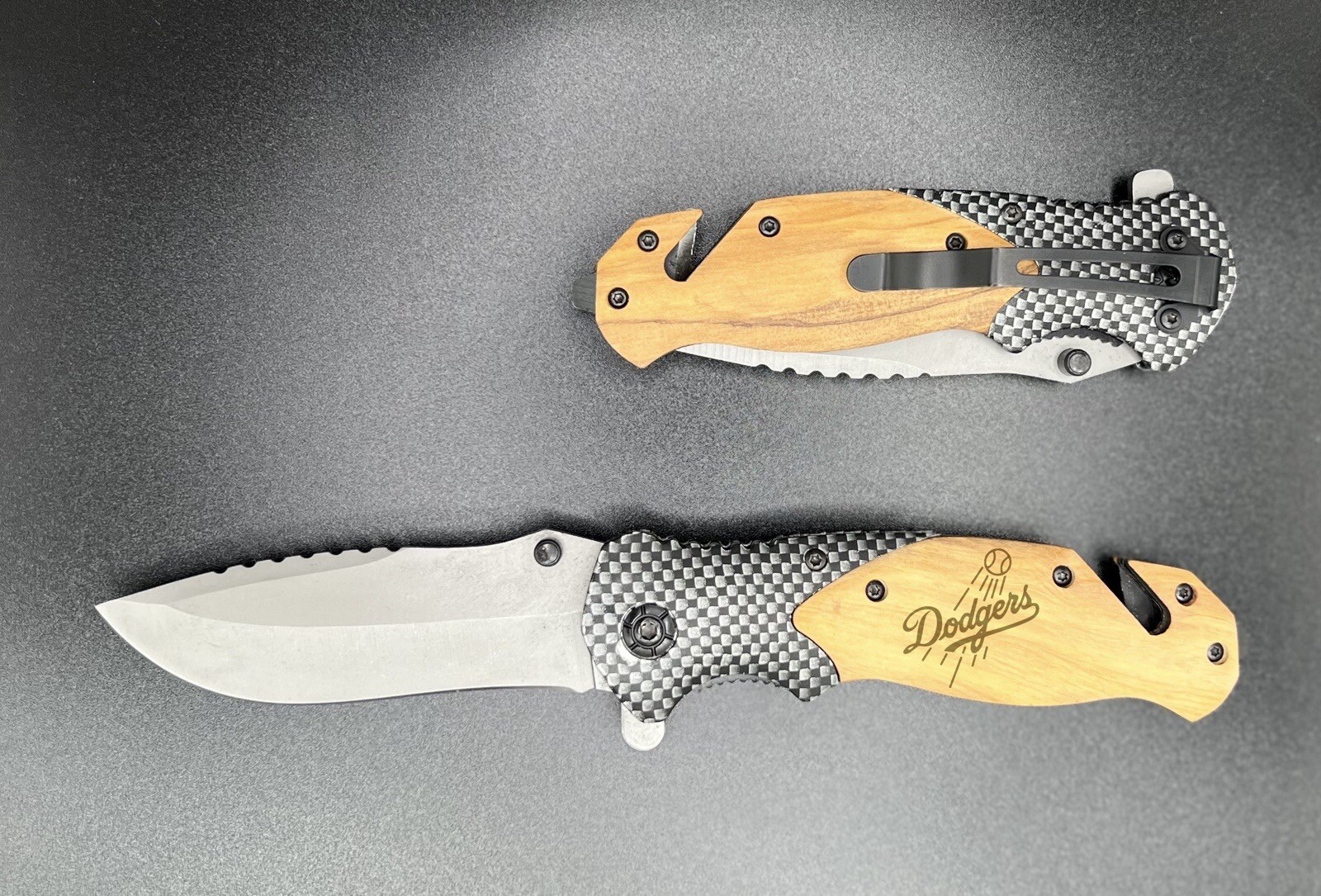 LA Dodgers engraved Olive wood military pocket knife outdoors camping fishing