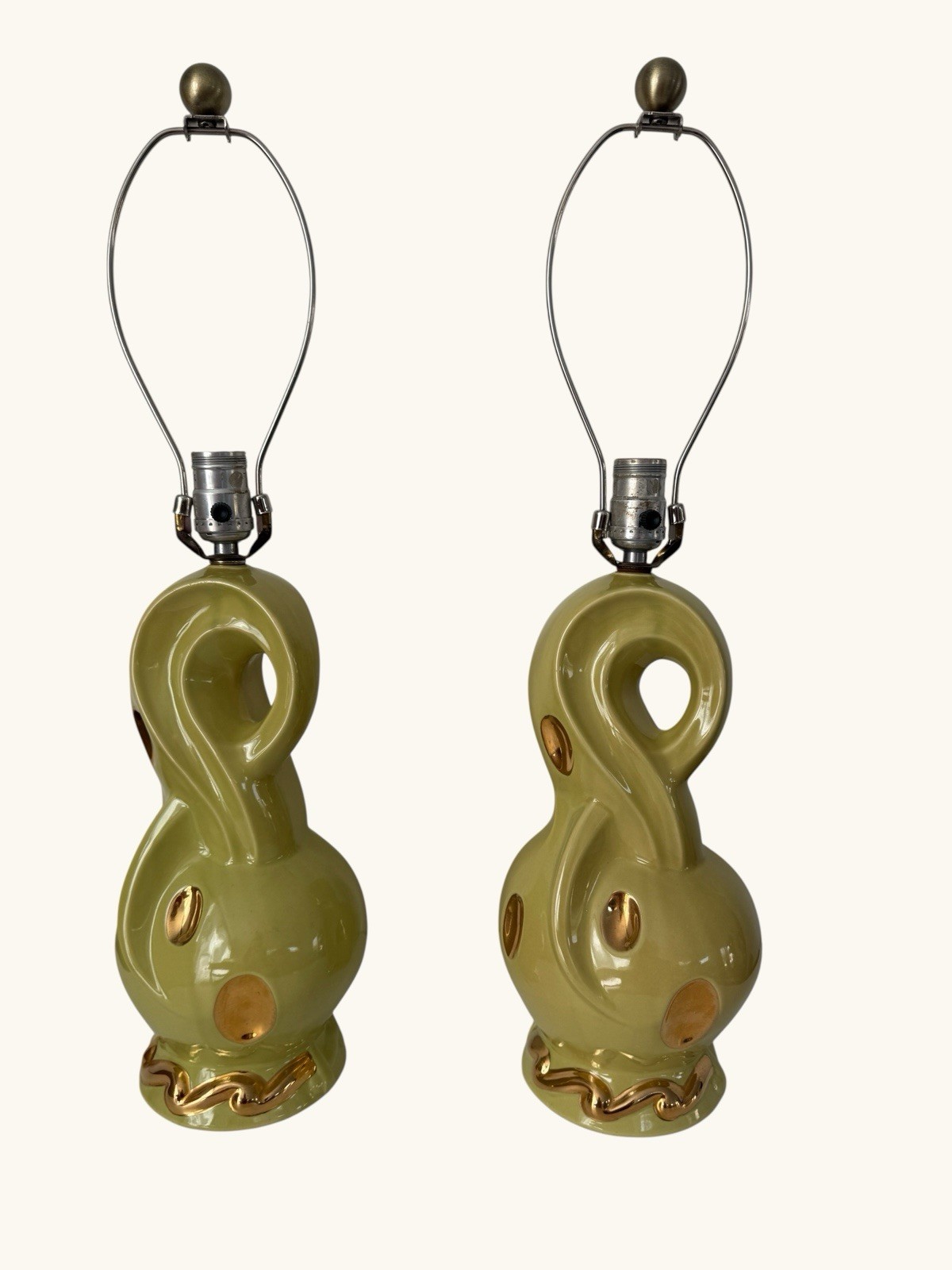 Vintage Mid Century Modern Sculptural Avocado Green Ceramic Loop Lamps Pair